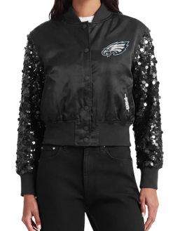 Philadelphia Eagles Show Time Sequin Crop Black Satin Jacket For WOmen