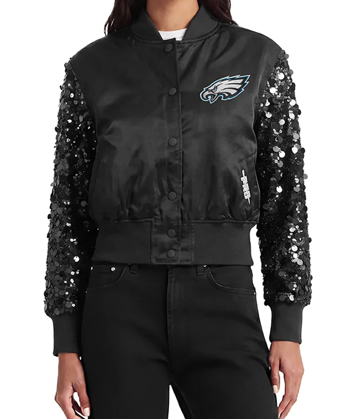 Philadelphia Eagles Show Time Sequin Crop Black Satin Jacket For WOmen