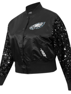 Philadelphia Eagles Show Time Sequin Cropped Black Satin Jacket