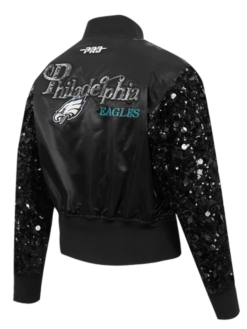 Philadelphia Eagles Show Time Sequin Cropped Black Satin Jacket Back