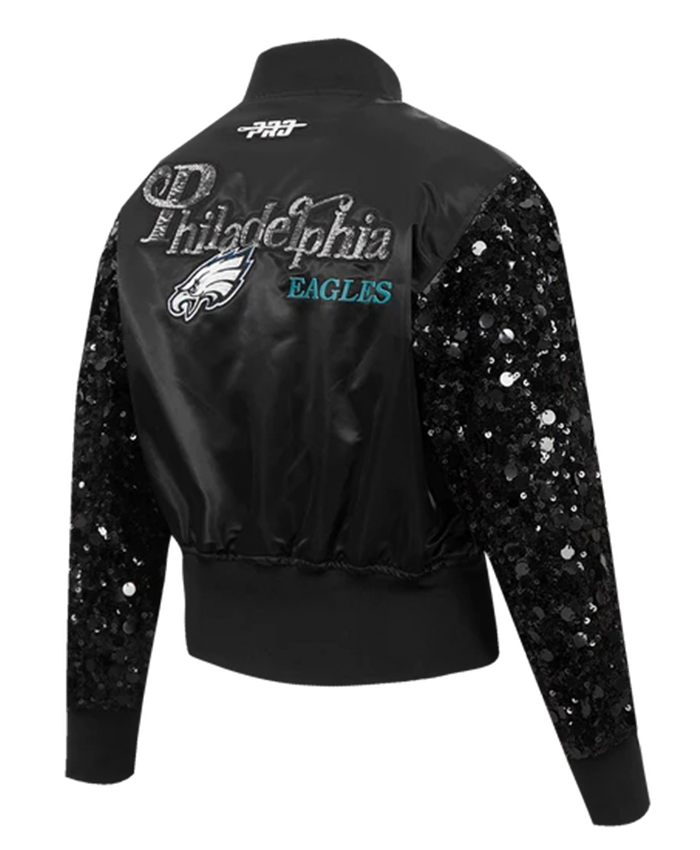 Philadelphia Eagles Show Time Sequin Cropped Black Satin Jacket Back