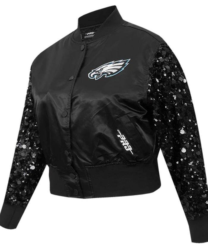 Philadelphia Eagles Show Time Sequin Cropped Black Satin Jacket