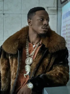 Power Book III Raising Kanan S03 Joey Bada$$ Brown Fur Bomber Jacket front view