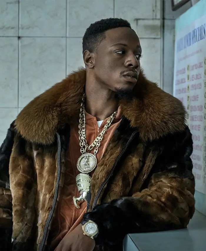 Power Book III Raising Kanan S03 Joey Bada$$ Brown Fur Bomber Jacket front view