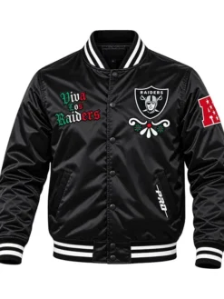 Pro Standard Viva Los Raiders Sugar Skull Black Satin Varsity Jacket front view