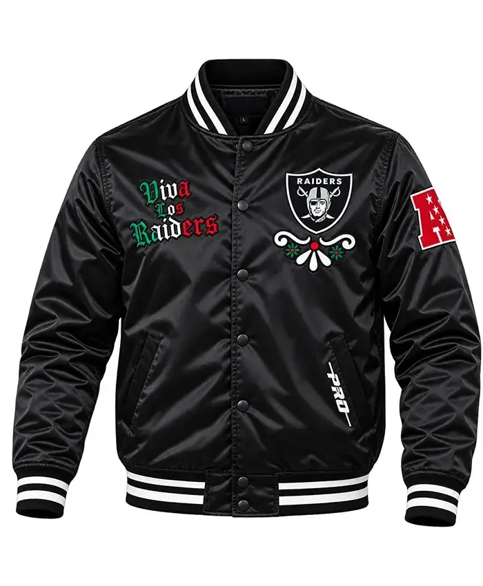 Pro Standard Viva Los Raiders Sugar Skull Black Satin Varsity Jacket front view
