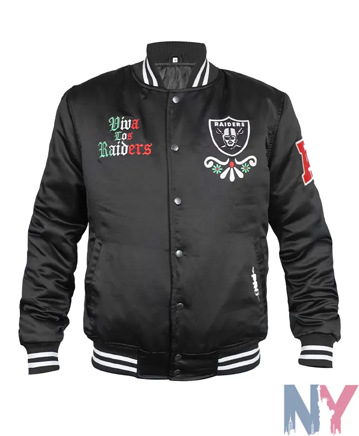 Pro Standard Viva Los Raiders Sugar Skull Satin Bomber Varsity Jacket