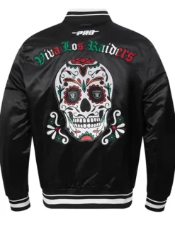Pro Viva Los Angeles Raiders Sugar Skull Black Satin Varsity Jacket back view