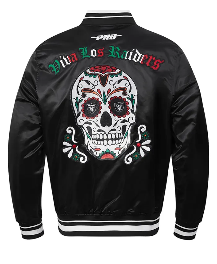 Pro Viva Los Angeles Raiders Sugar Skull Black Satin Varsity Jacket back view