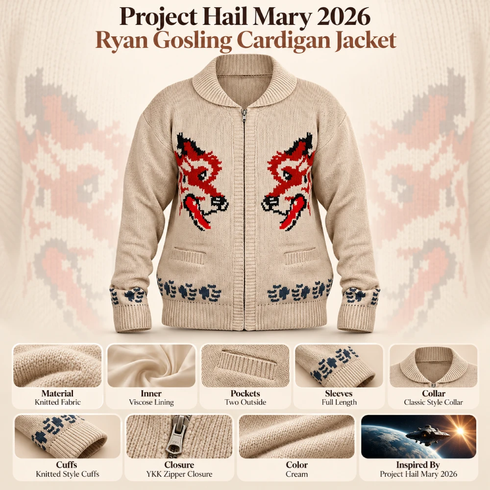 Project Hail Mary 2026 Ryan Gosling Cream Fox Cardigan Jacket Infographic