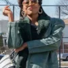 Raquel Thomas Power Book III Raising Kanan Blue Shearling Leather Jacket front view
