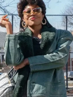 Raquel Thomas Power Book III Raising Kanan Blue Shearling Leather Jacket front view