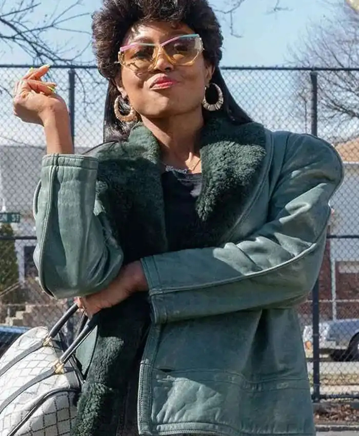 Raquel Thomas Power Book III Raising Kanan Blue Shearling Leather Jacket front view
