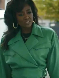 Raquel Thomas Power Book III Raising Kanan S03 Green Cropped Leather Jacket front view