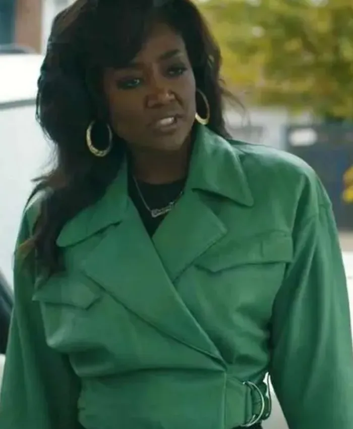 Raquel Thomas Power Book III Raising Kanan S03 Green Cropped Leather Jacket front view