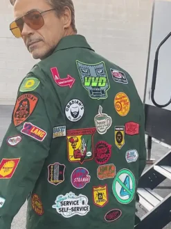 Robert Downey Jr. Tony Stark Avengers Endgame Encore Cotton Green Patchwork Jacket side view