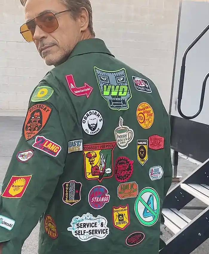 Robert Downey Jr. Tony Stark Avengers Endgame Encore Cotton Green Patchwork Jacket side view