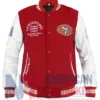San Francisco 49ers Red and White Bomber Jacket front view with classic varsity design