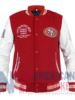 San Francisco 49ers Red and White Bomber Jacket front view with classic varsity design