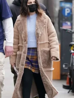 Selena Gomez Only Murders In The Building Brown Shearling Suede Coat front view