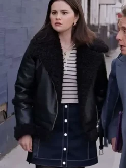 Selena Gomez Only Murders In The Building S04 Black Shearling Jacket front view