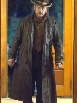 Series Yellowstone Rip Wheeler Long Black Leather Trench Coat front view