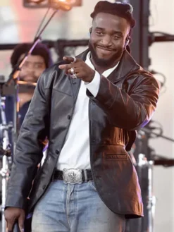 Shaboozey NBC’s Today Rockefeller Plaza 2026 In NYC Black Leather Blazer front view