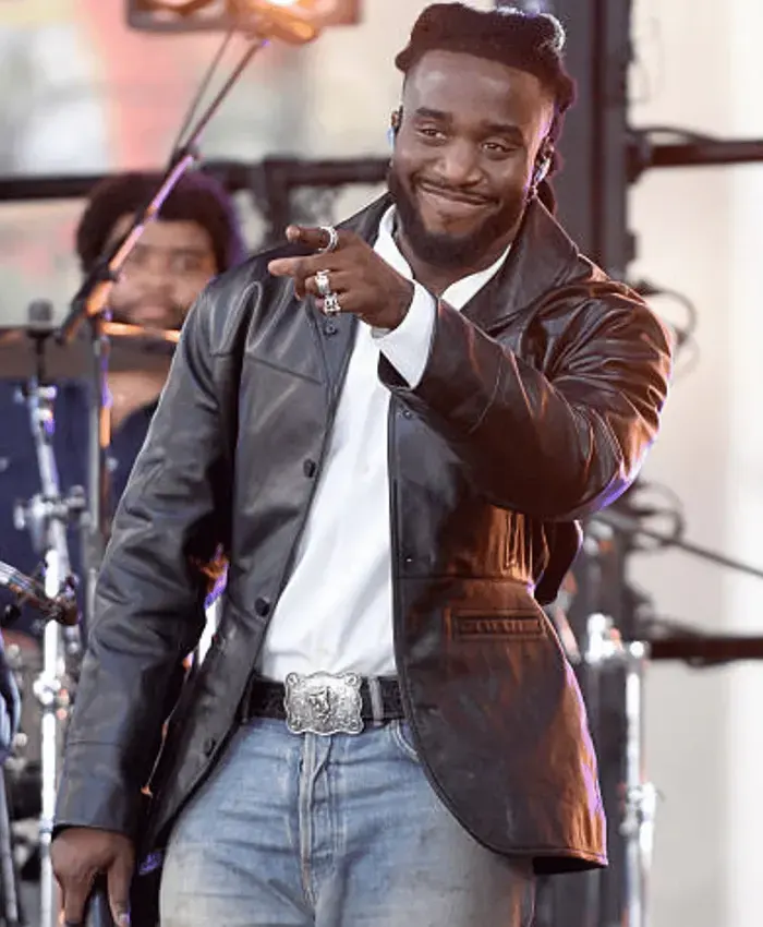 Shaboozey NBC’s Today Rockefeller Plaza 2026 In NYC Black Leather Blazer front view