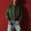Shai Gilgeous-Alexander Olive Green Satin Bomber Jacket with three outside pockets and full-length sleeves