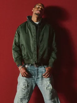 Shai Gilgeous-Alexander Olive Green Satin Bomber Jacket with three outside pockets and full-length sleeves
