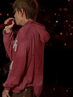Shop BTS ARIRANG New York Red Zip-Up Fleece Hooded Jacket back view