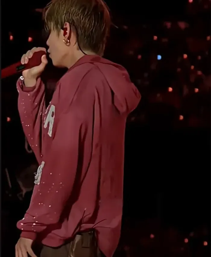 Shop BTS ARIRANG New York Red Zip-Up Fleece Hooded Jacket back view