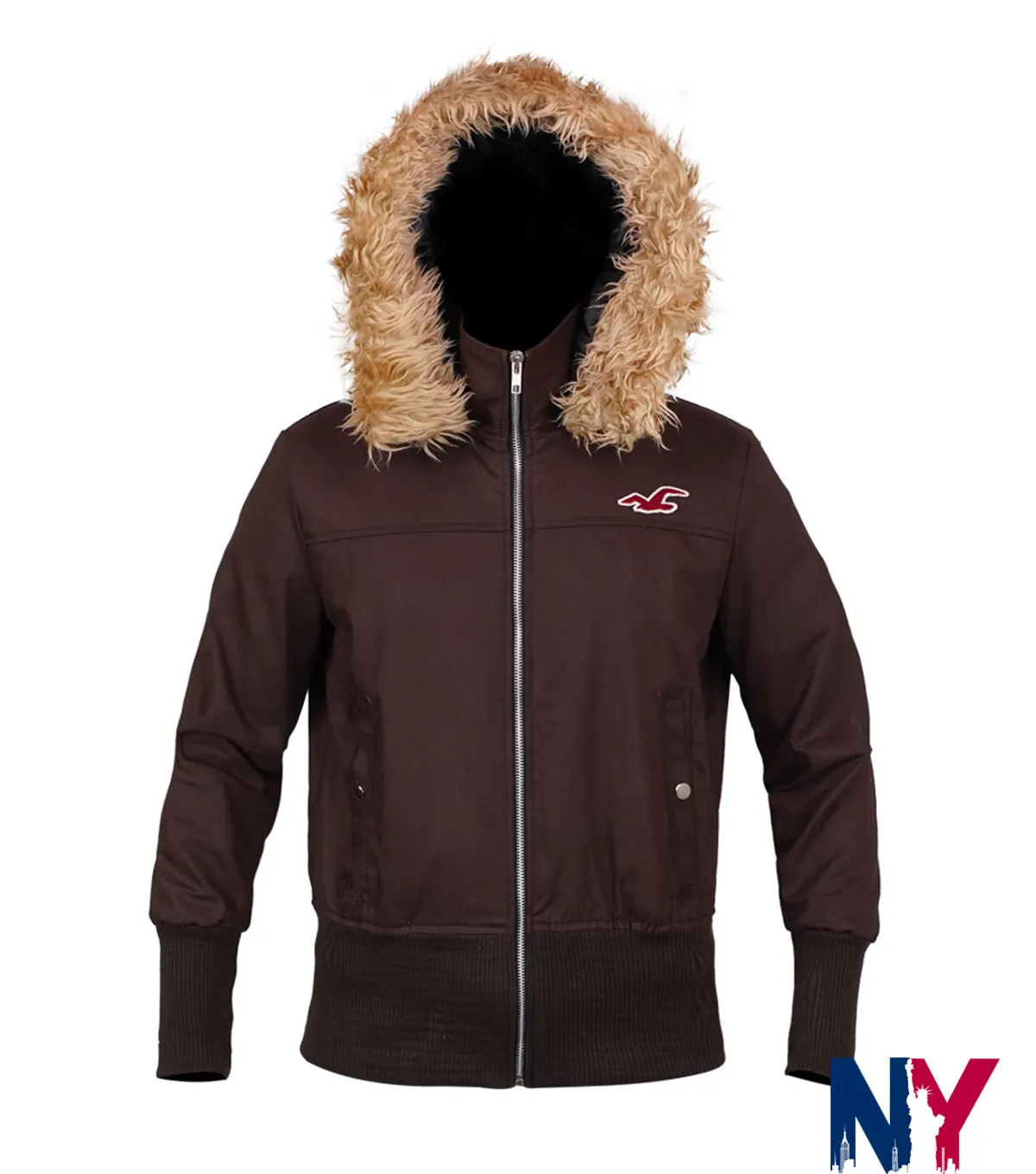 Shop Deals On Hollister Women’s Peyton Twill Hooded Brown Fur Jackets front view