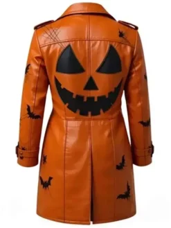 Shop-Halloween-Jack-O-Lantern-Bat-Spiderweb-Pumpkin-Orange-Leather-Trench-Coat-On-Sale