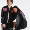 Shop Halloween Marvel Aero Spider-Man Black 62 Varsity Bomber Jacket front view