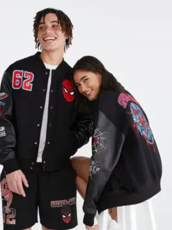 Shop Halloween Marvel Aero Spider-Man Black 62 Varsity Bomber Jacket front view