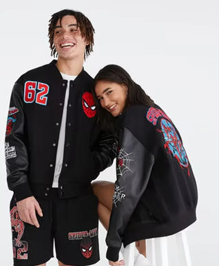Shop Halloween Marvel Aero Spider-Man Black 62 Varsity Bomber Jacket front view