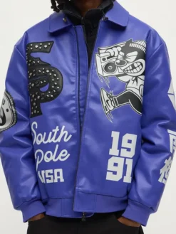 Shop Men's Southpole Midnight Riot Royal Blue Leather Bomber Varsity Jacket For Sale