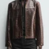 Shop-Mens-Zara-Crocodile-Style-Brown-Leather-Bomber-Jacket-For-Sale