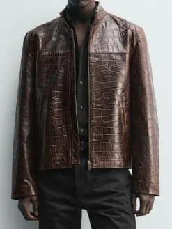 Shop-Mens-Zara-Crocodile-Style-Brown-Leather-Bomber-Jacket-For-Sale