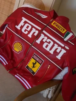 Shop Now Formula 1 Ferrari Red Leather Bomber Jacket front view