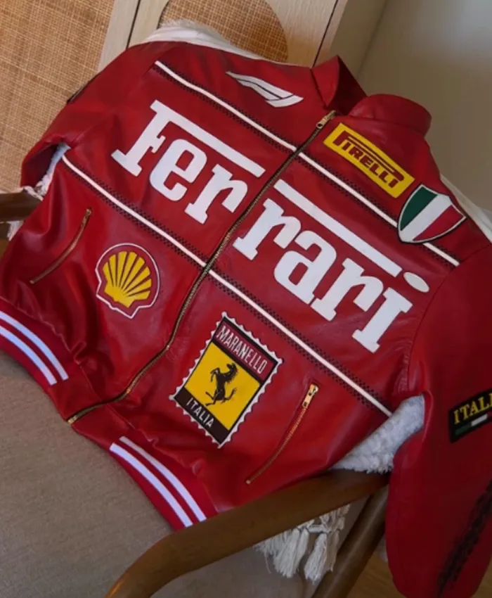 Shop Now Formula 1 Ferrari Red Leather Bomber Jacket front view