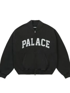 Shop Now Palace Pigment College Fleece Black Bomber Jacket front view