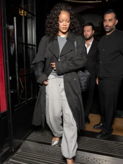 Shop Rihanna Paris Black Long Trench Double-Breasted Coat With Belt