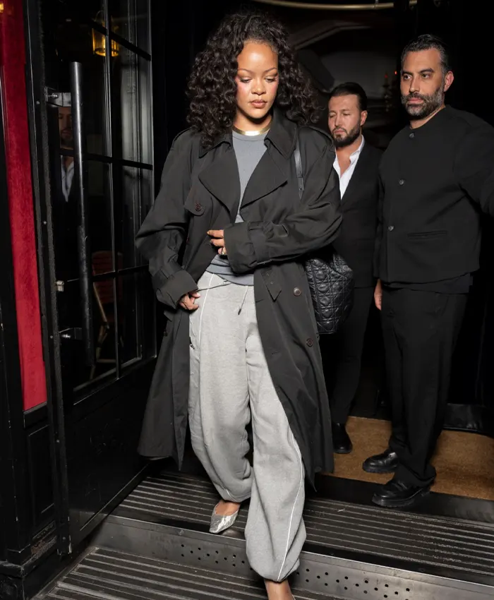 Shop Rihanna Paris Black Long Trench Double-Breasted Coat With Belt