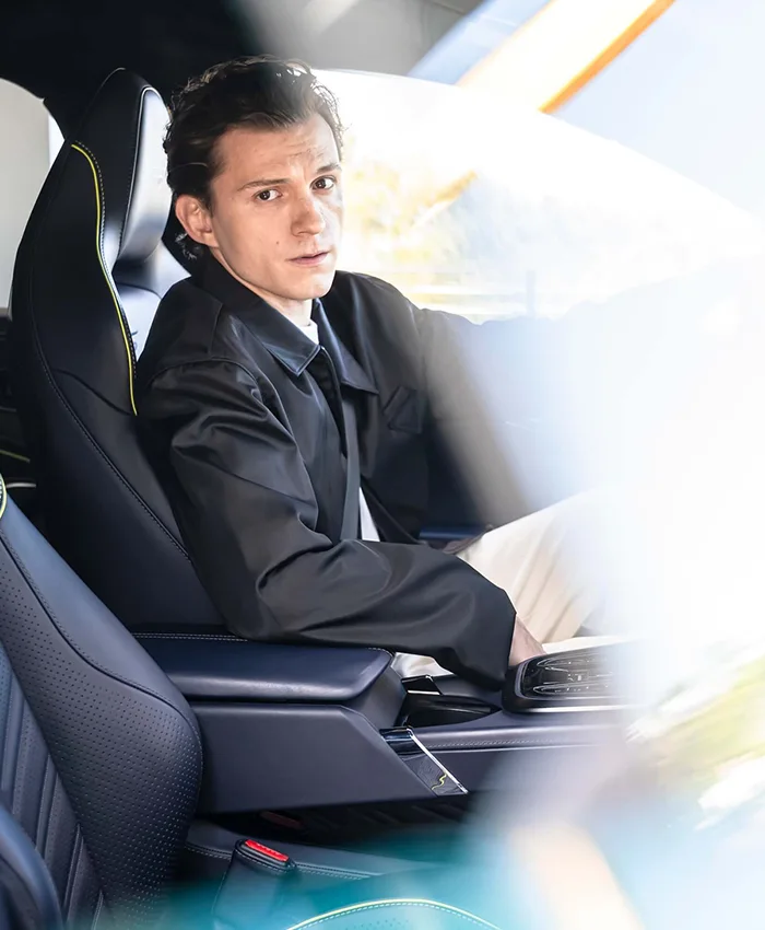 Shop Tom Holland Aston Martin Black Satin Workwear Varsity Jacket side view