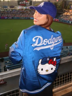 Shop-Womens-Hello-Kitty-x-Los-Angeles-Dodgers-Blue-Satin-Bomber-Jacket-For-Sale