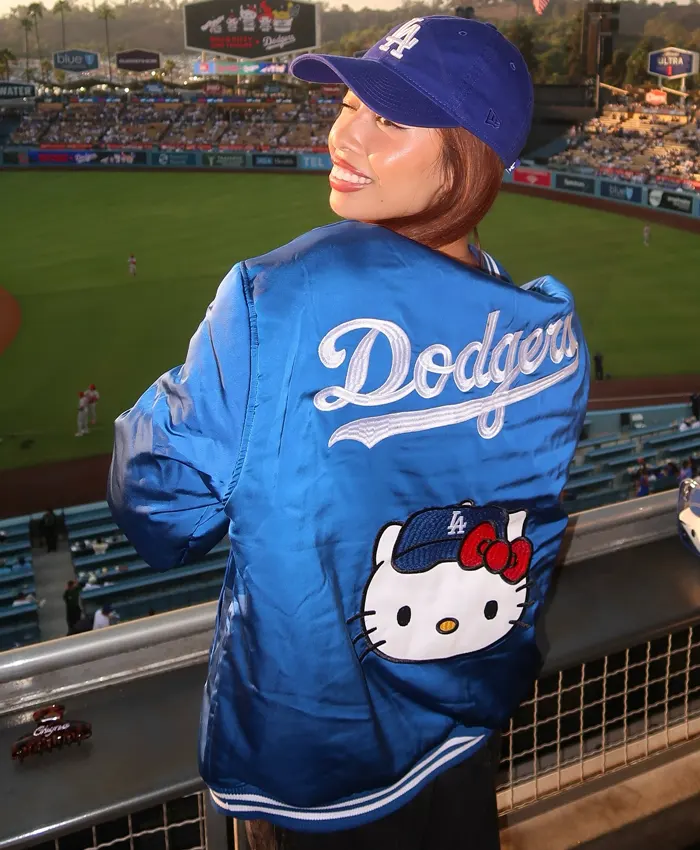Shop-Womens-Hello-Kitty-x-Los-Angeles-Dodgers-Blue-Satin-Bomber-Jacket-For-Sale