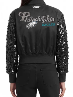 Shop Women's Philadelphia Eagles Show Time W Sequin Cropped Black Satin Bomber Jacket For Sale