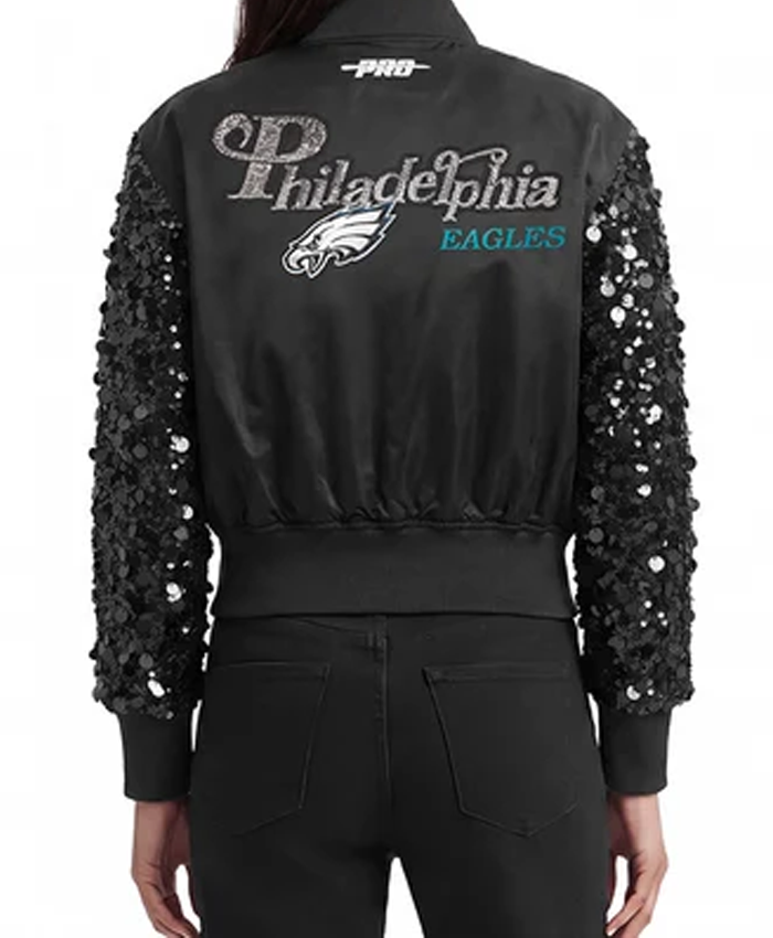 Shop Women's Philadelphia Eagles Show Time W Sequin Cropped Black Satin Bomber Jacket For Sale